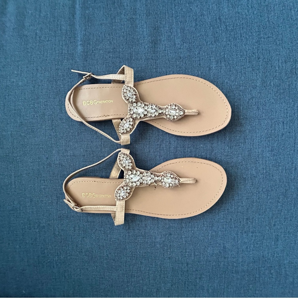 BCBGeneration Tan Crystal Embellished Sandals